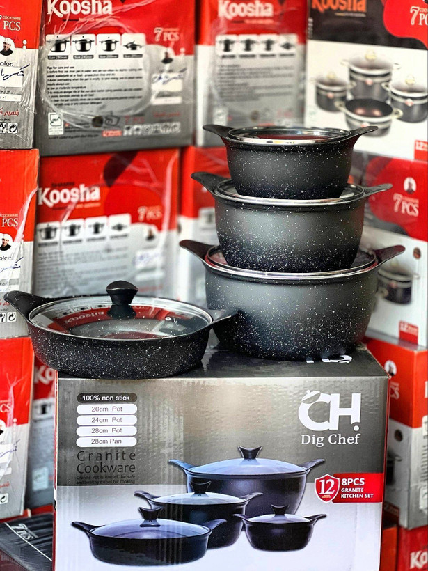 سرویس قابلمه ۸ پارچه دیگ چف (Dig Chef) مدل گرانیتی ورق ۳ میل – مشکی